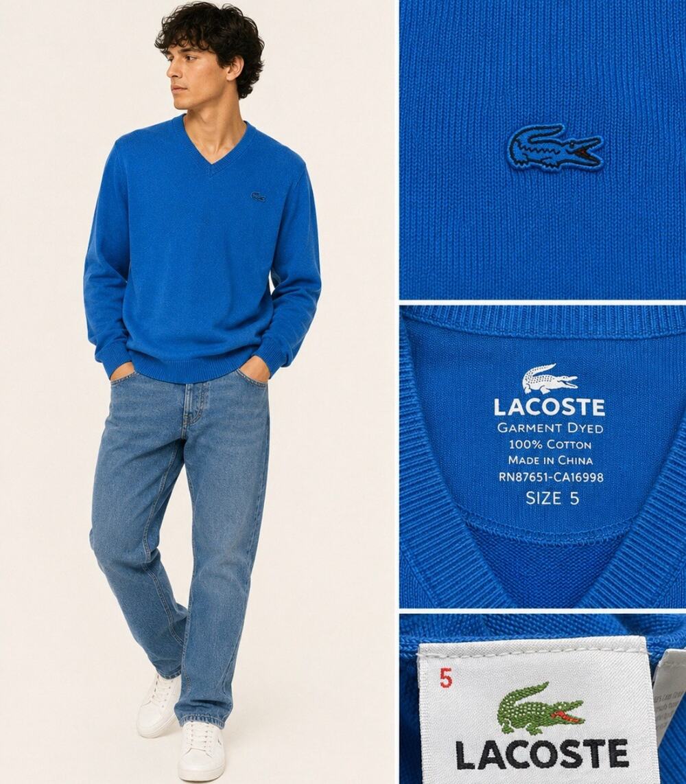 Preppy Old Money Lacoste V-Neck Sweater Size 5 Large Blue Crocodile Logo FLAWS